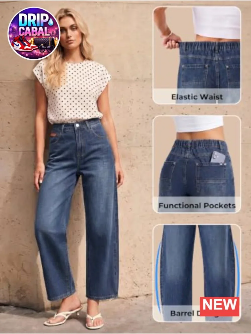 Barrel Jeans for Women Elastic Waist Baggy Cropped Denim Pants